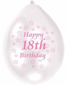 Happy 18th Birthday - 10 stk Hvite og Rosa Ballonger med Stjerner 23 cm
