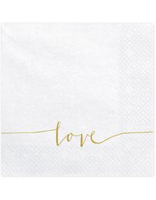 20 stk Vita Servietter med Guldfärgad Love Text 33x33 cm