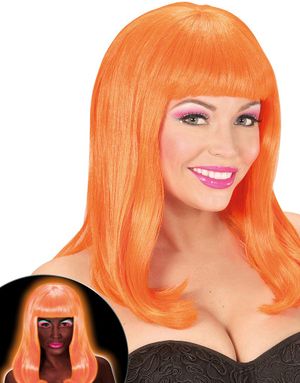 Neonorange Peruk med Lugg - Lyser Under UV-Ljus