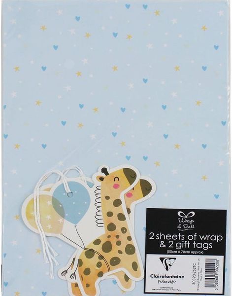2 stk Baby Boy Sjiraff Gavepapir med 2 stk Navnelapper - 50x70cm