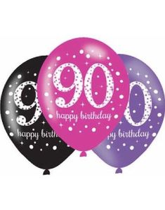 90-Års Dagen - 6 stk Svart, Rosa og Lilla Ballonger 27,5 cm