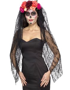 Day of the Dead Diadem med Rosor och Spetsflor