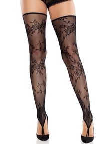 Blonde Netting Lårstrømper uten Fot med Tåhempe – Svart