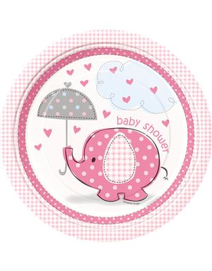 8 st Papptallrikar 22 cm - Babyshower Pink Elephant