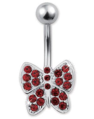 Fjäril m/Röda Stenar - Navelpiercing i Äkta Silver