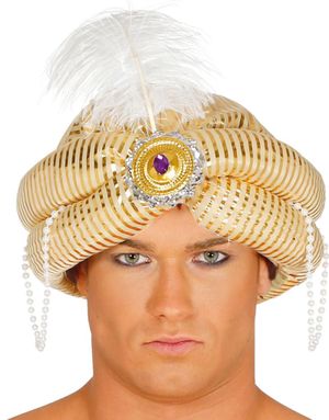 Guldfärgad Indisk Hatt med Pärlor, Sten och Fjäder