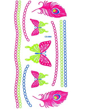 Ark med Fluorescerende Sommerfugl, Fjær og Lenke/Kjedetatoveringer (UV Fake Tattoo)