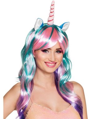 Fantasy Unicorn - Flerfärgad Peruk med Öron och Horn