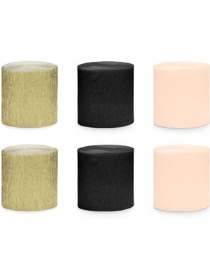 6 stk Gull, Svart og Rosa Fargede Krepp Streamers til Dekor