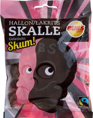 Pose med Skalle i Skum med Bringebær og Lakrissmak 90 gram