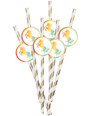 6 stk Guldfärgade Randiga Papperssugrör med Pappmotiv - Unicorn Gold
