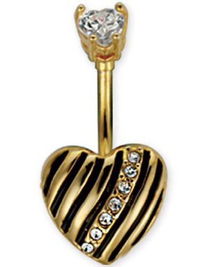 Guldfärgad Navelpiercing med Svarta Ränder & Vita Stenar