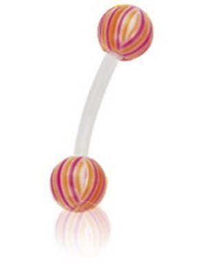 Banan Ögonbrynspiercing i Rosa med Randiga Orange, Vita och Rosa Kulor - 1.2 x 8 mm