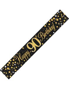 Happy 90th Birthday - 2,7 Meter Svart og Gullfarget Holografisk Banner