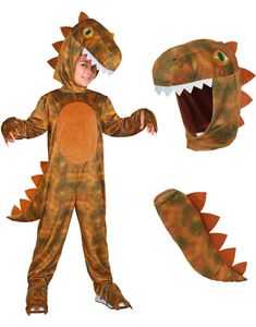 Bronsebrunt og Grønt Dinosaur Kostyme til Barn