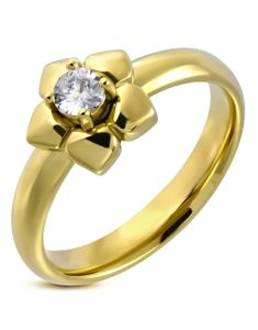 Guldfärgad Ring i Kirurgisk Stål med Blommor och CZ Sten