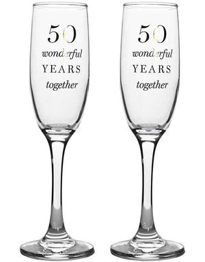 50 Wonderful Years Together - 2 stk Jubileumschampagneglass med Gullfarget Skrift 22 cm