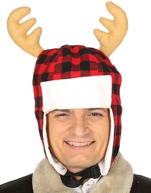 Svart och Röd Rutig Luva med Renhorn