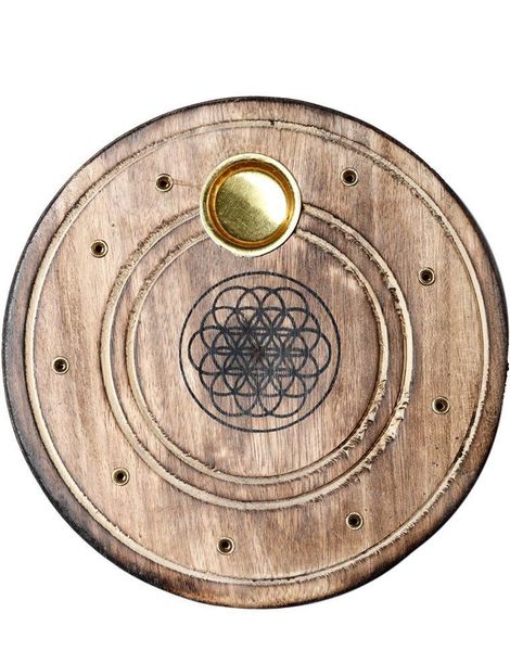 Rund Rökelshållare i Mangoträ med Flower of Life Motiv - 10 cm
