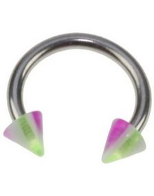 Rund Ögonbrynspiercing med Lila, Vita och Gröna Spike Kulor - 1.2 x 8 mm