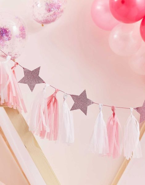 Banner med Dusker og Stjerner i Rosa og Hvit 2 meter - Pamper Party
