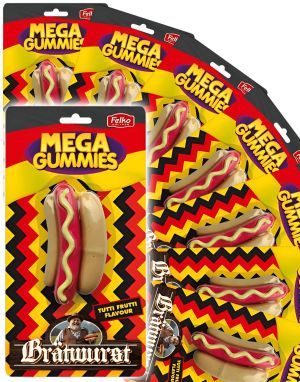 9 st Mega Gummies German Bratwurst - Vingummikorv med Tutti Fruttismak - Helt Låda 1,08 kg