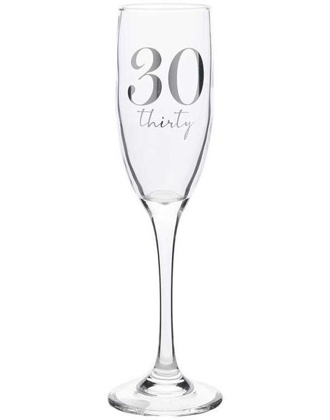 30 ÅR - Champagneglass med Sølvfarget Tekst og Motiver i Gaveeske 22 cm