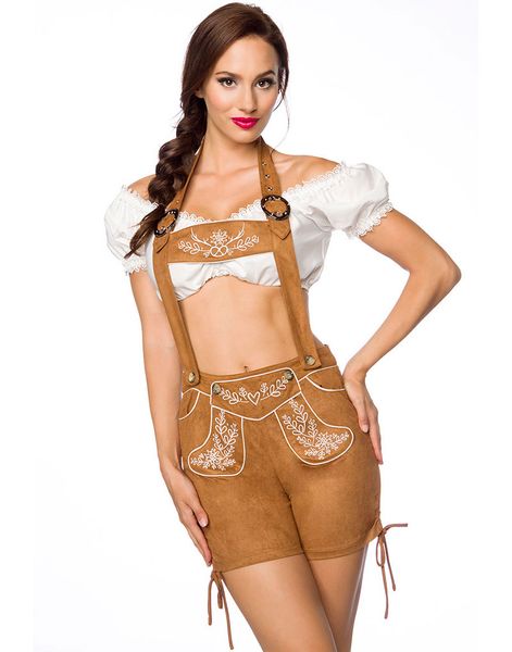 Bruna Lederhosen Till Dam Med Broderi Och Fickor