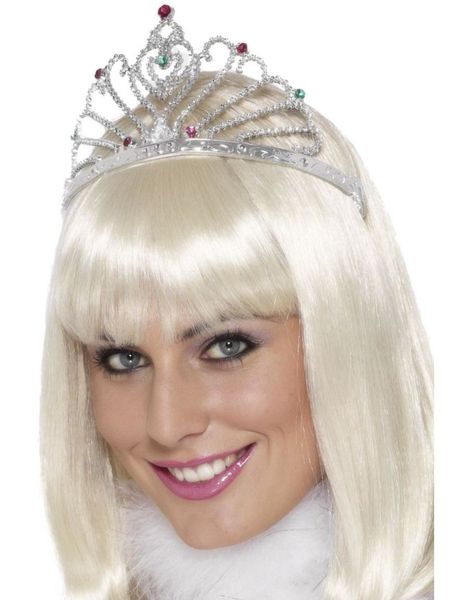 Silverfärgad Tiara med röda och gröna stenar