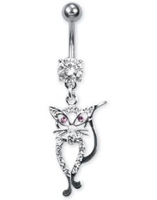 Silverfärgad Navelpiercing med Hängande Kissekatt