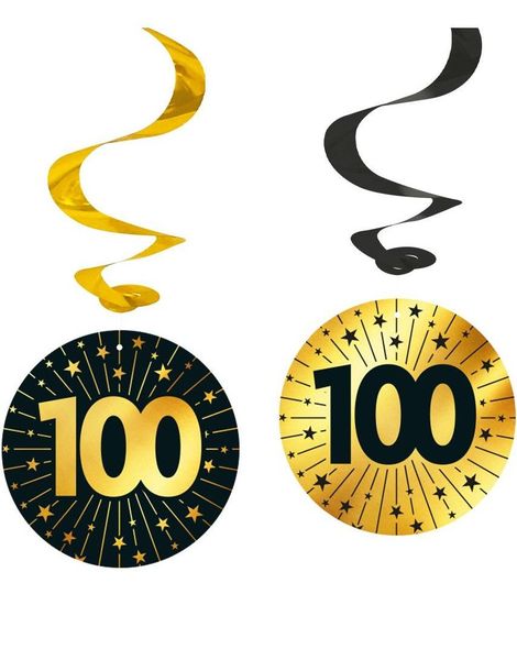 4 stk 100-års Feiring Hengende Swirls - Svart og Gull