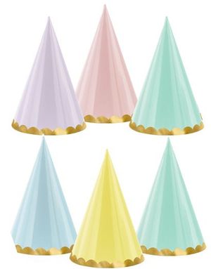 6 stk Partyhatter med Gullkant i Assorterte pastellfarger