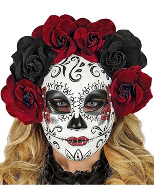 Dia de los Muertos - Maske med Svarte og Burgunder Roser