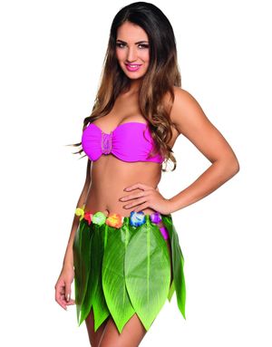 Grön Hawaiikjol med Palmblad och Blommor 40 cm
