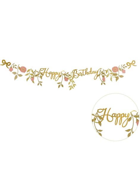 Gullfarget Happy Birthday Banner med Blomster 1.3 Meter