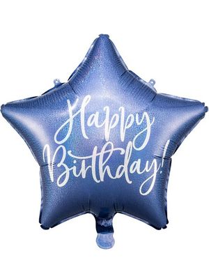 Happy Birthday! - Stjerneformet Navy Blå Folieballong med Iriserende Skrift 40 cm
