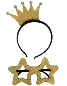Set med Diadem med Guldfärgad Krona och Stjärnglasögon