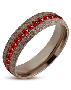 6 mm Brun Glittrande Stålring Infattad med Röda CZ Stenar