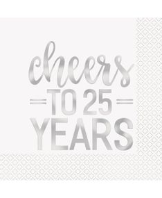 16 stk Servietter med Silverfärgad Cheers to 25 Years Text 33x33 cm