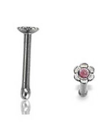 Rak Näspiercing med Blomformad Kula och Rosa Sten