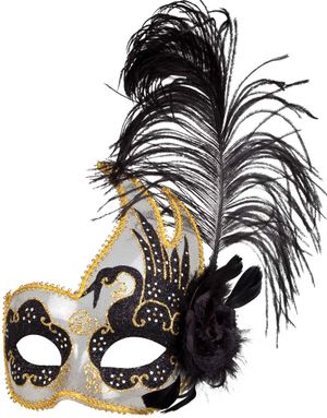 SVART Venetiansk Colombina-Mask - Delvis Transparent med Röd/Guldfärgad Dekor och Utsmyckning