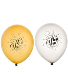 6 stk Silver- och Guldfärgade Happy New Year Ballonger 30 cm