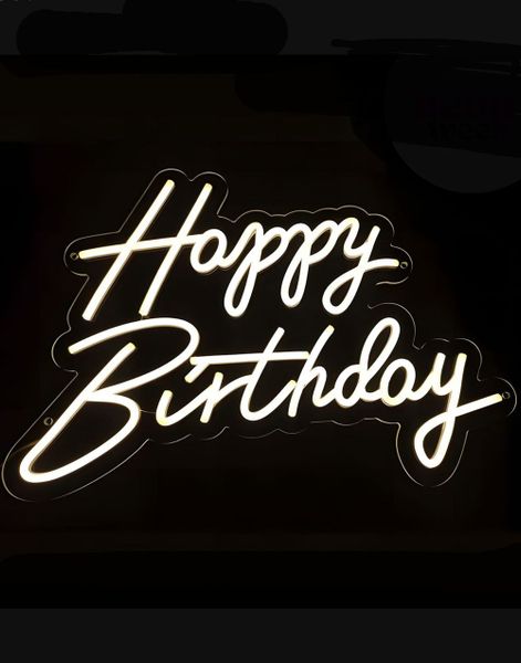 Vit Neon LED Dimbart Skylt - Happy Birthday