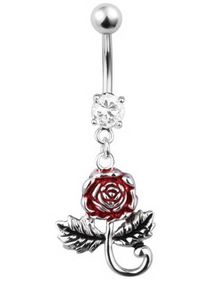 Navelpiercing med Ros - Silver/Svart/Röd