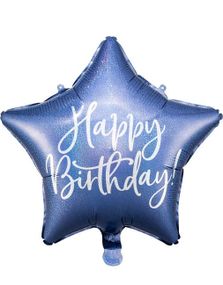 Happy Birthday! - Stjerneformet Navy Blå Folieballong med Iriserende Skrift 40 cm