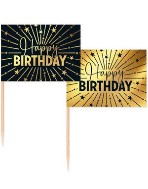 50 st Happy Birthday Mat/Kakflagga 6,5 cm - Svart och Guld