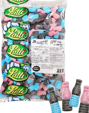 298 st Lutti Bubblizz Liquorizz - Rosa och Blå Bubblegumflaskor med Lakrits 2 kg