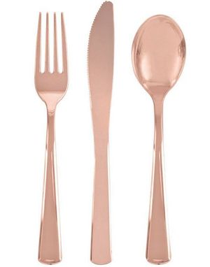 18-delars exklusiva återanvändbara roséguldfärgade spegelblanka plastbestick
