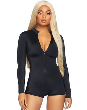 Svart Långärmad Romper Jumpsuit med Dragkedja