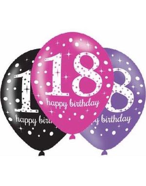 18 Årsdagen - 6 stk Svarte, Rosa- og Lilla Ballonger 27,5 cm